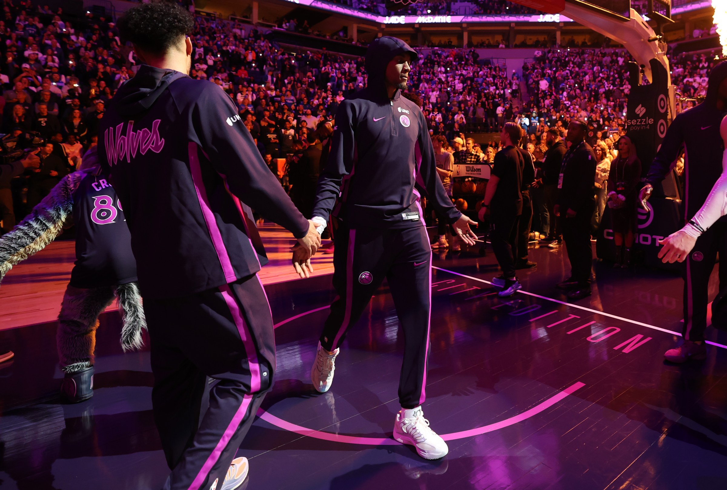 MINNEAPOLIS, MN - NOVEMBER 15: Jaden McDaniels #3 of the Minnesota Timberwolves is introduced before the game against the Denver Nuggets on November 15, 2025 at Target Center in Minneapolis, Minnesota. NOTE TO USER: User expressly acknowledges and agrees that, by downloading and or using this Photograph, user is consenting to the terms and conditions of the Getty Images License Agreement. Mandatory Copyright Notice: Copyright 2025 NBAE (Photo by David Sherman/NBAE via Getty Images)