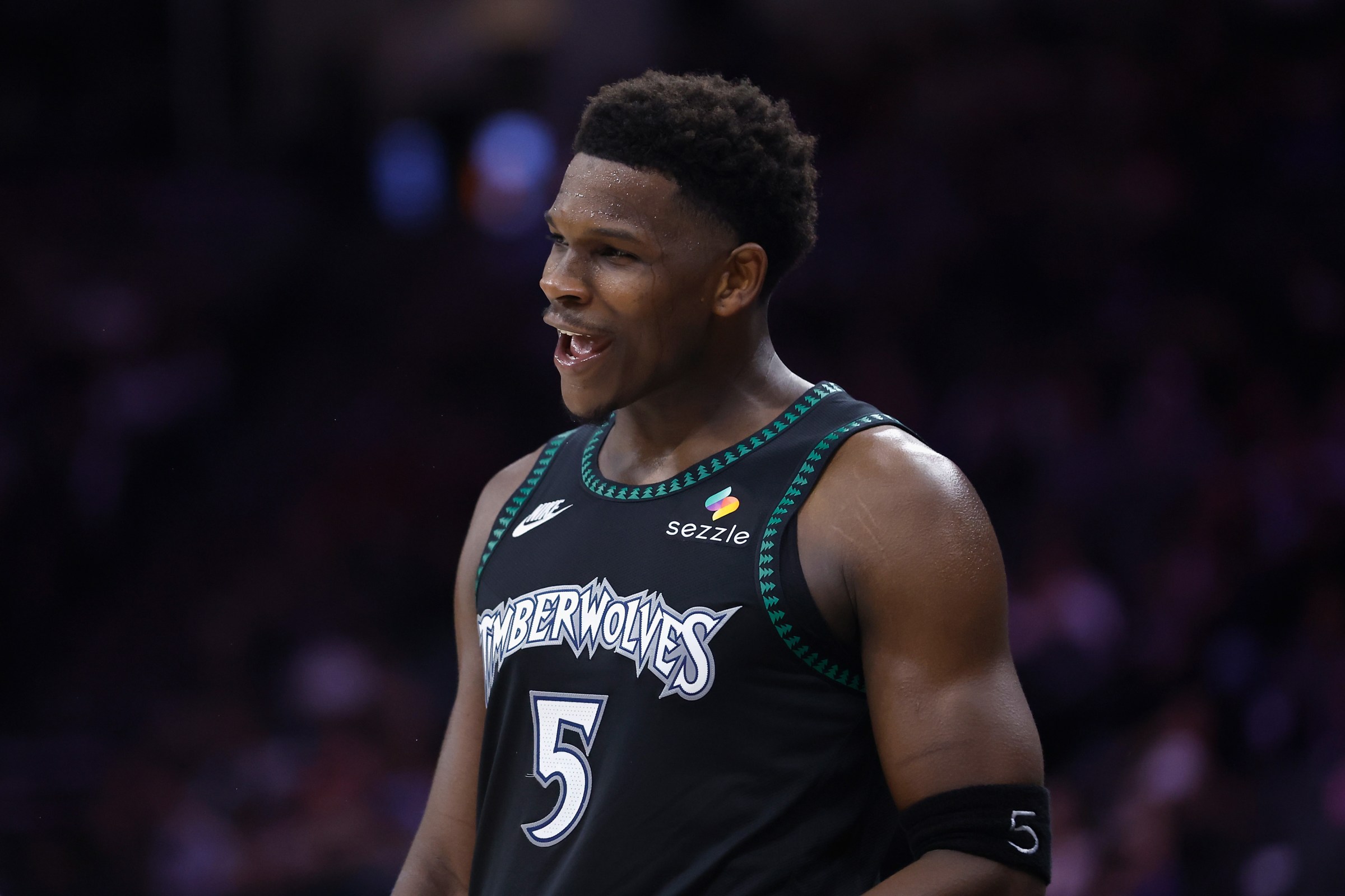 SACRAMENTO, CALIFORNIA - NOVEMBER 09: Anthony Edwards #5 of the Minnesota Timberwolves looks on in the third quarter against the Sacramento Kings at Golden 1 Center on November 09, 2025 in Sacramento, California. NOTE TO USER: User expressly acknowledges and agrees that, by downloading and or using this photograph, User is consenting to the terms and conditions of the Getty Images License Agreement. (Photo by Lachlan Cunningham/Getty Images)