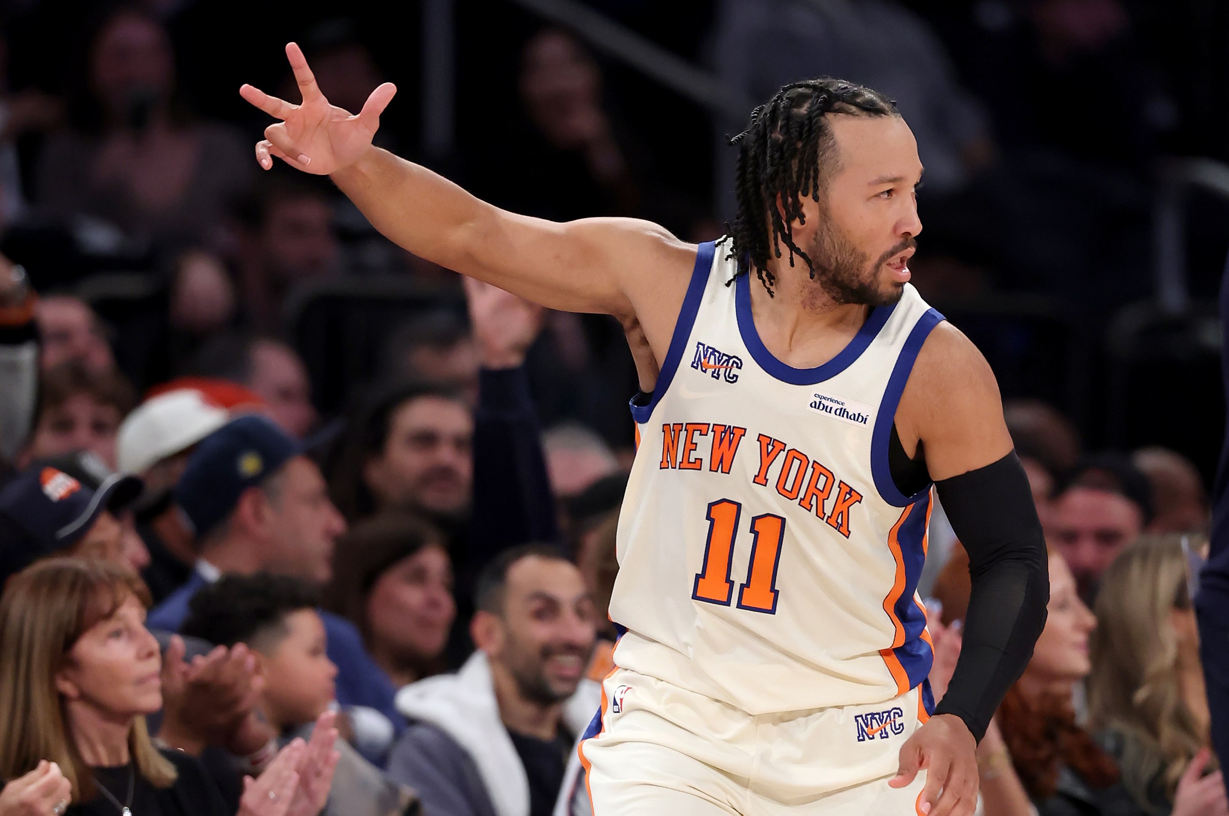 NEW YORK, NEW YORK - NOVEMBER 11: Jalen Brunson #11 of the New York Knicks celebrates his three point shot in the fourth quarter against the Memphis Grizzlies at Madison Square Garden on November 11, 2025 in New York City. The New York Knicks defeated the Memphis Grizzlies 133-120. NOTE TO USER: User expressly acknowledges and agrees that, by downloading and or using this photograph, User is consenting to the terms and conditions of the Getty Images License Agreement. (Photo by Elsa/Getty Images)
