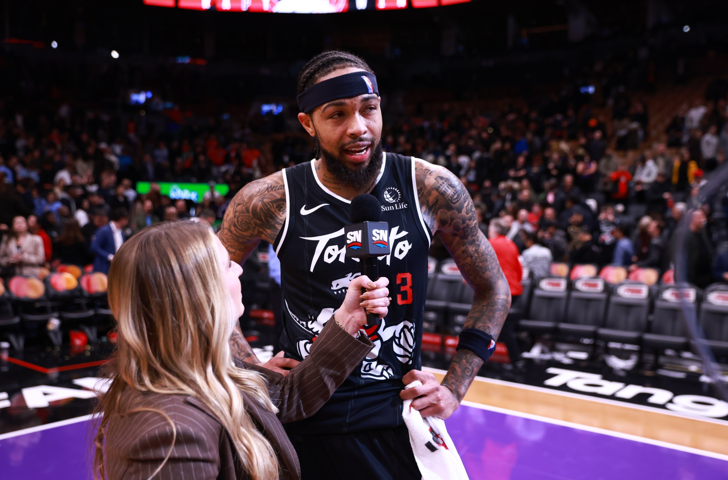 TORONTO, CANADA - NOVEMBER 17: Brandon Ingram #3 of the Toronto Raptors is interviewed after the game against the Charlotte Hornets on November 17, 2025 at the Scotiabank Arena in Toronto, Ontario, Canada. NOTE TO USER: User expressly acknowledges and agrees that, by downloading and or using this Photograph, user is consenting to the terms and conditions of the Getty Images License Agreement. Mandatory Copyright Notice: Copyright 2025 NBAE (Photo by Vaughn Ridley/NBAE via Getty Images)
