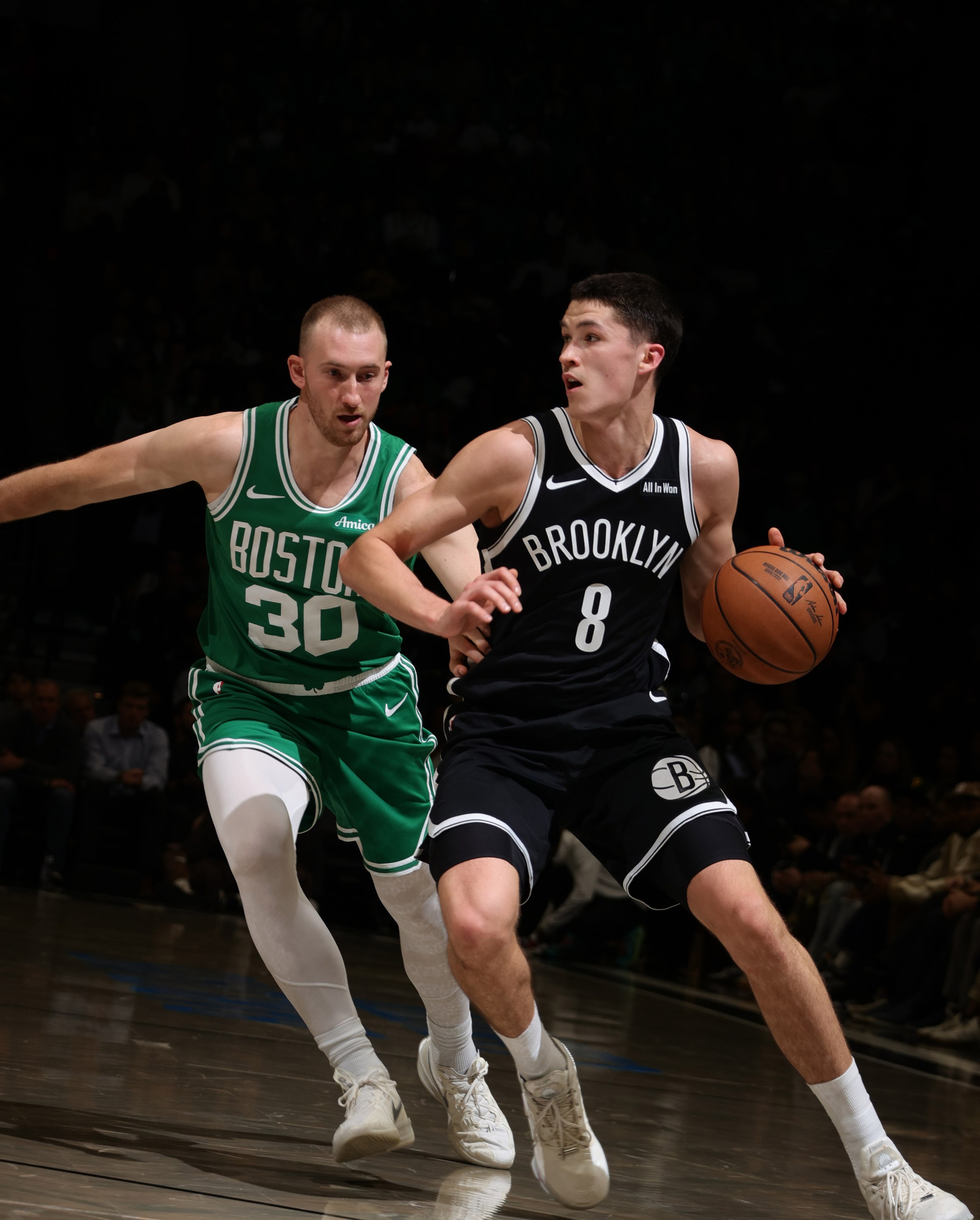 BROOKLYN, NY - NOVEMBER 18: Egor Demin #8 of the Brooklyn Nets dribbles the ball during the game against the Boston Celtics on November 18, 2025 at Barclays Center in Brooklyn, New York. NOTE TO USER: User expressly acknowledges and agrees that, by downloading and or using this Photograph, user is consenting to the terms and conditions of the Getty Images License Agreement. Mandatory Copyright Notice: Copyright 2025 NBAE (Photo by Nathaniel S. Butler/NBAE via Getty Images)