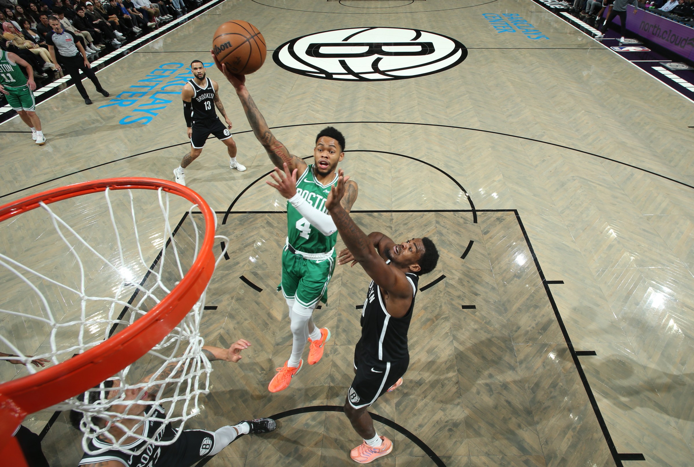 BROOKLYN, NY - NOVEMBER 18: Anfernee Simons #4 of the Boston Celtics drives to the basket during the game against the Brooklyn Nets on November 18, 2025 at Barclays Center in Brooklyn, New York. NOTE TO USER: User expressly acknowledges and agrees that, by downloading and or using this Photograph, user is consenting to the terms and conditions of the Getty Images License Agreement. Mandatory Copyright Notice: Copyright 2025 NBAE (Photo by Nathaniel S. Butler/NBAE via Getty Images)