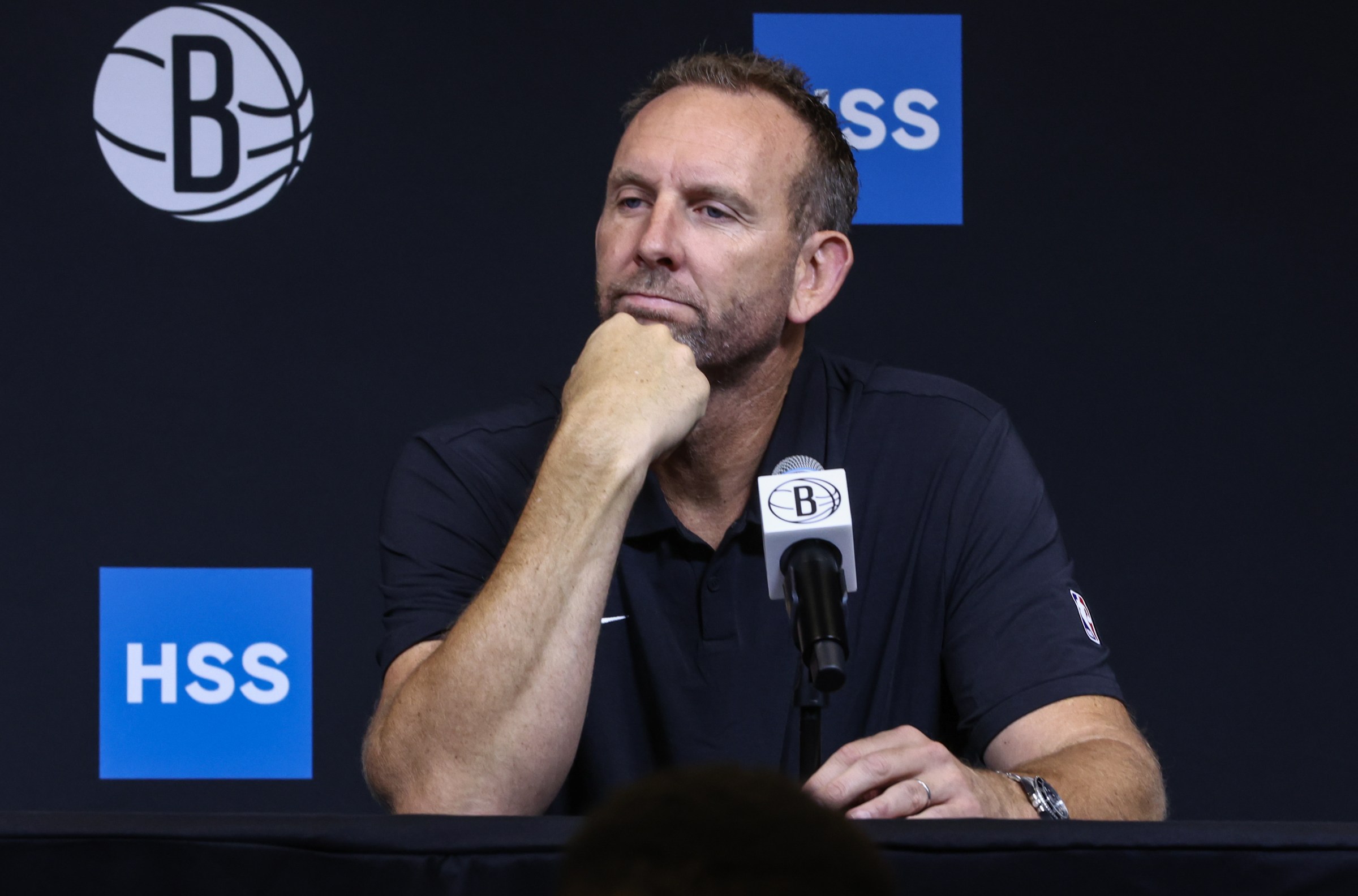 Sep 23, 2025; Brooklyn, NY, USA; Brooklyn Nets general manager Sean Marks speaks at Media Day. Mandatory Credit: Wendell Cruz-Imagn Images