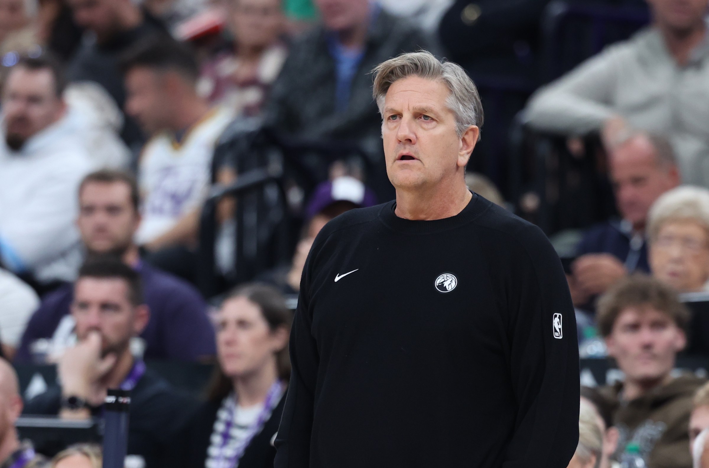Nov 10, 2025; Salt Lake City, Utah, USA; Minnesota Timberwolves head coach Chris Finch watches play against the Utah Jazz during the second quarter at Delta Center. Mandatory Credit: Rob Gray-Imagn Images