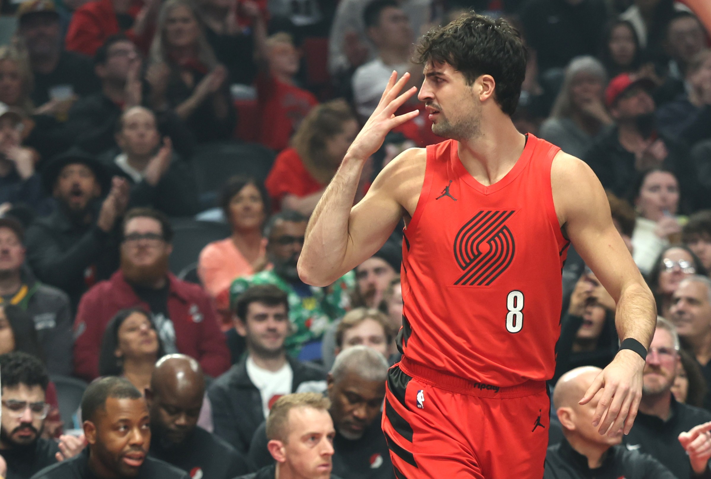 Nov 26, 2025; Portland, Oregon, USA; Portland Trail Blazers forward Deni Avdija (8) reacts after a play against the San Antonio Spurs in the first half at Moda Center. Mandatory Credit: Jaime Valdez-Imagn Images