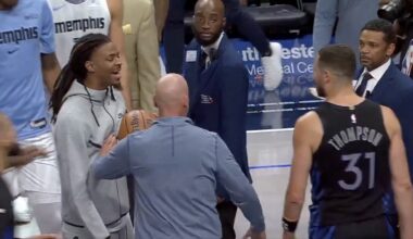 Ja Morant and Klay Thompson having a confrontation during a Grizzlies-Warriors game