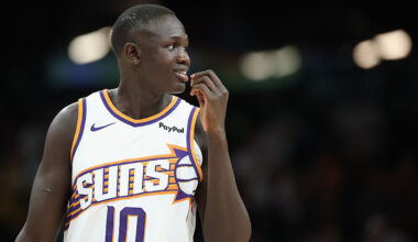 Khaman Maluach #10 of the Phoenix Suns during the second half of the NBA game at Mortgage Matchup C...