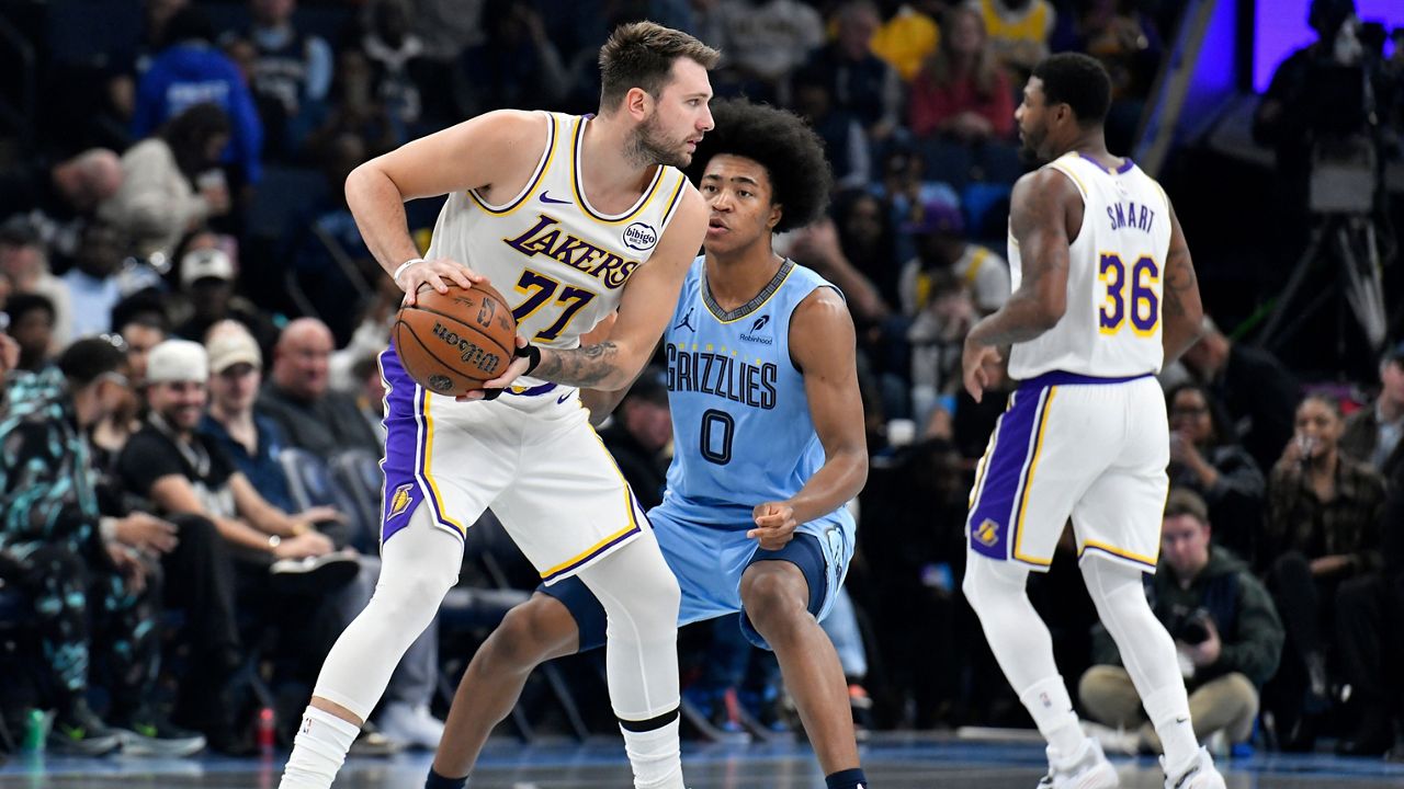 Los Angeles Lakers guard Luka Doncic (77) handles the ball against Memphis Grizzlies forward Jaylen Wells (0) in the first half of an NBA Cup basketball game Friday, Oct. 31, 2025, in Memphis, Tenn. (AP Photo/Brandon Dill)