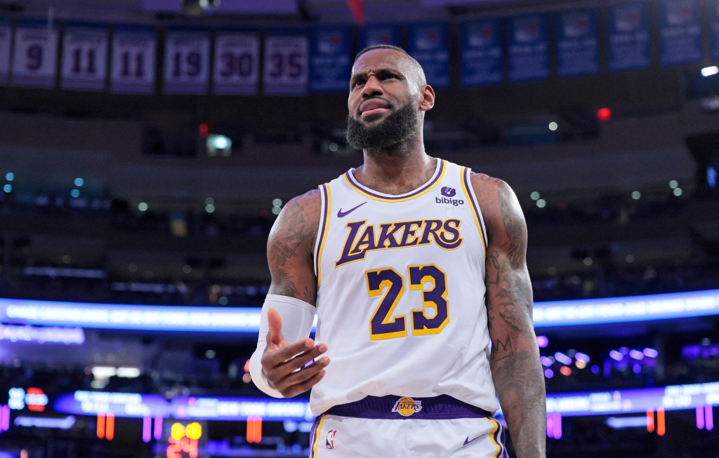 LeBron James arguing with a referee in the 2nd half.