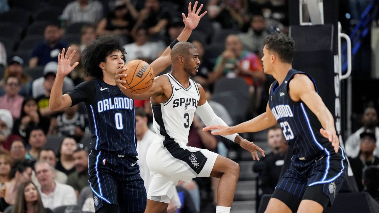 The Magic on Wednesday picked up their contract options on guard Anthony Black (0) and forward Tristan da Silva (23), pictured defending against Chris Paul last season. (AP Photo/Eric Gay)