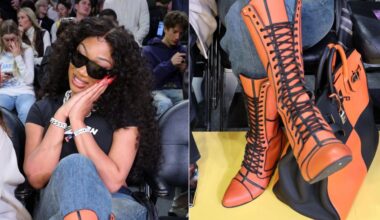 Megan Thee Stallion sits courtside at the Los Angeles Lakers vs. Dallas Mavericks NBA game on Friday night in a pair knee-high basketball boots.