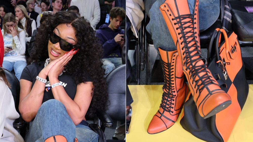 Megan Thee Stallion sits courtside at the Los Angeles Lakers vs. Dallas Mavericks NBA game on Friday night in a pair knee-high basketball boots.