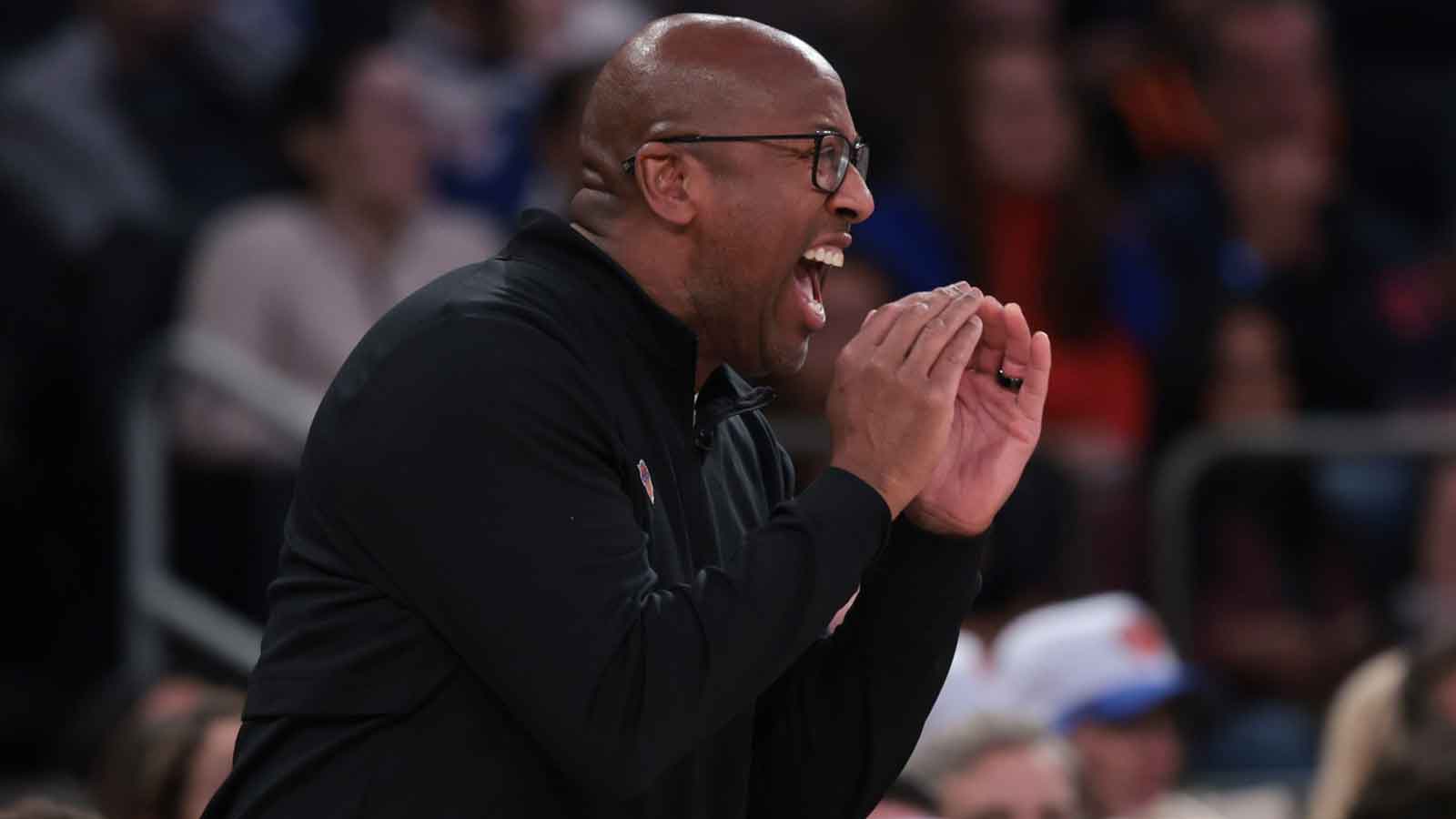 Oct 24, 2025; New York, New York, USA; New York Knicks head coach Mike Brown reacts during the first half against the Boston Celtics at Madison Square Garden. Mandatory Credit: Vincent Carchietta-Imagn Images