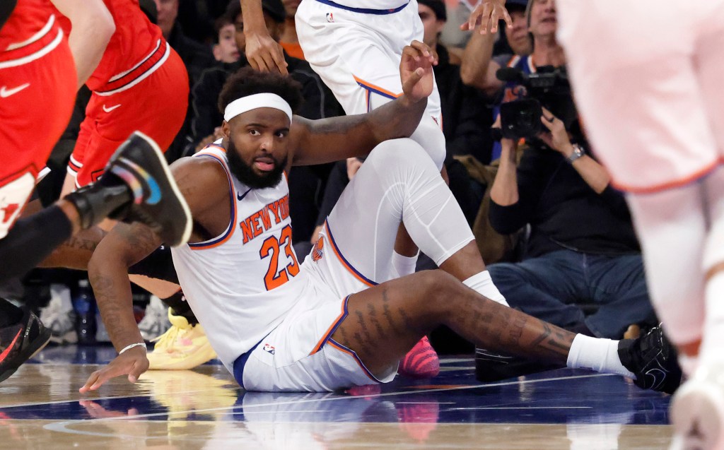 Mitchell Robinson reacts after falling to the floor missing a dunk in the second half at Madison Square Garden in New York, New York, November 02, 2025.