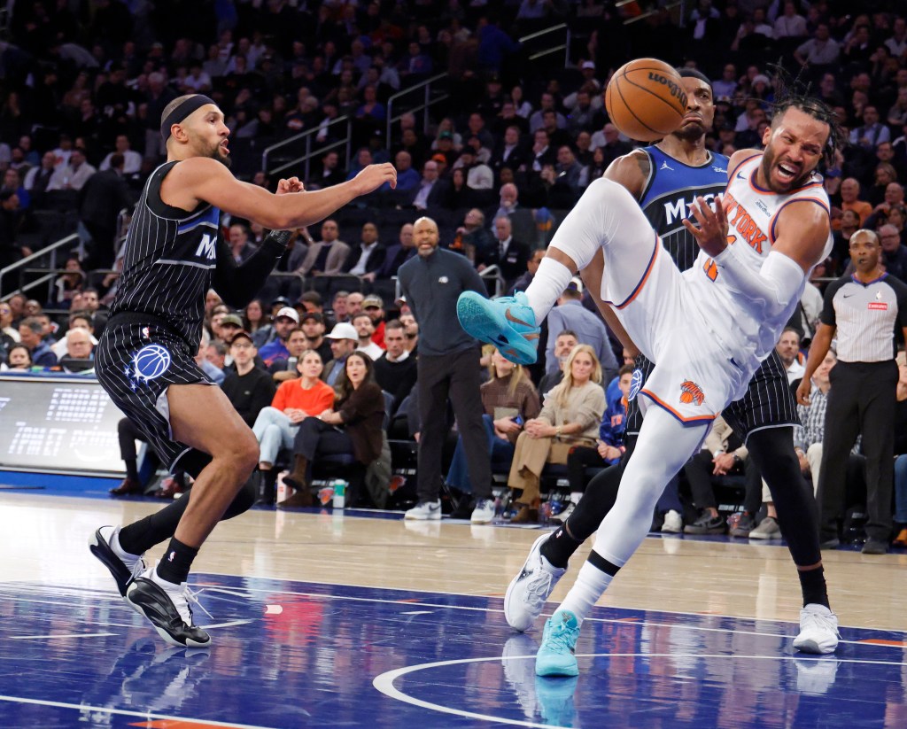 Knicks guard Jalen Brunson (11) injures his ankle against the Magic on Nov. 12, 2025.