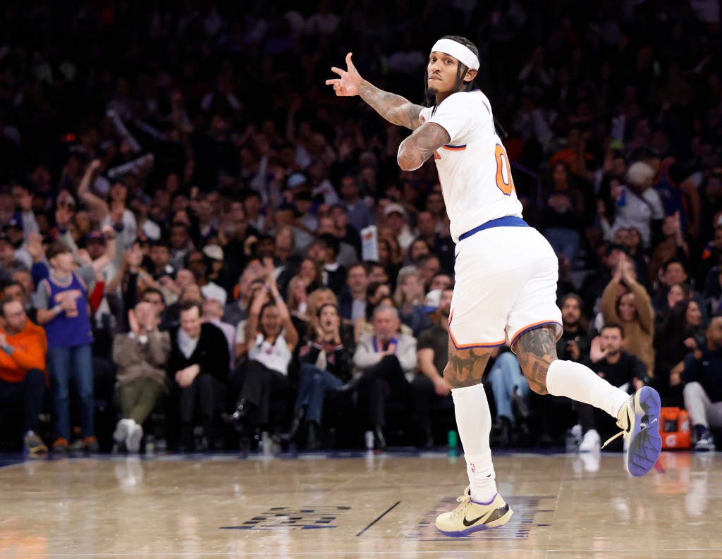 New York Knicks guard Jordan Clarkson reacts after hitting a three-point shot.