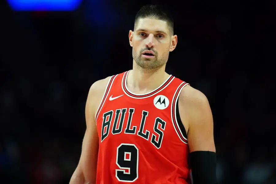 Chicago Bulls center Nikola Vucevic (9) looks on during the first half against the Portland Trail Blazers