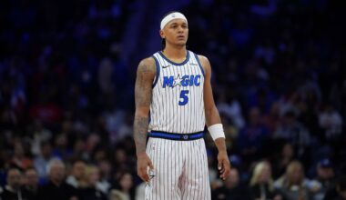 Forward Paolo Banchero will not be on the court Friday when the Magic face the New Jersey Nets in an NBA Cup game because of a strained left groin. (AP Photo/Matt Slocum)