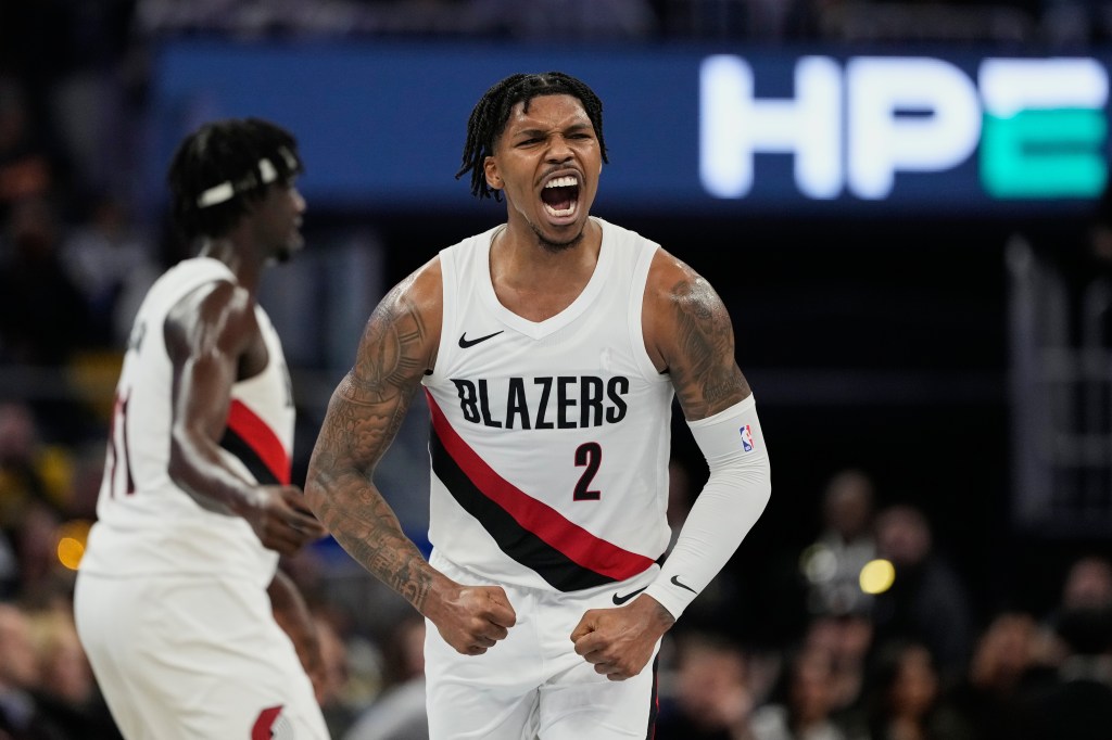Portland Trail Blazers guard Caleb Love (2) reacting after making a 3-point basket.