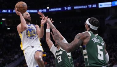 Golden State Warriors' Stephen Curry shoots past Milwaukee Bucks' Ryan Rollins and Gary Trent Jr. during the first half of an NBA basketball game Thursday, Oct. 30, 2025, in Milwaukee.