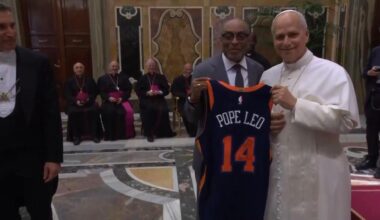 Spike Lee gifts Pope Leo XIV a New York Knicks shirt, during world of cinema event at the Vatican