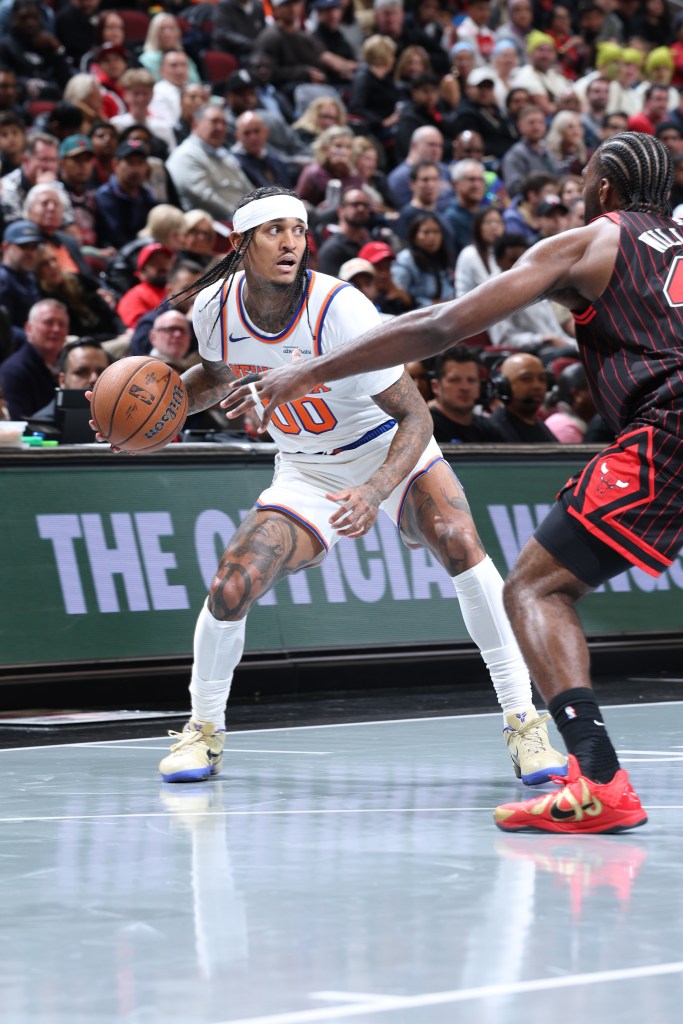 Jordan Clarkson #00 of the New York Knicks dribbles the ball during the game against the Chicago Bulls on October 31, 2025 at United Center in Chicago, Illinois. 