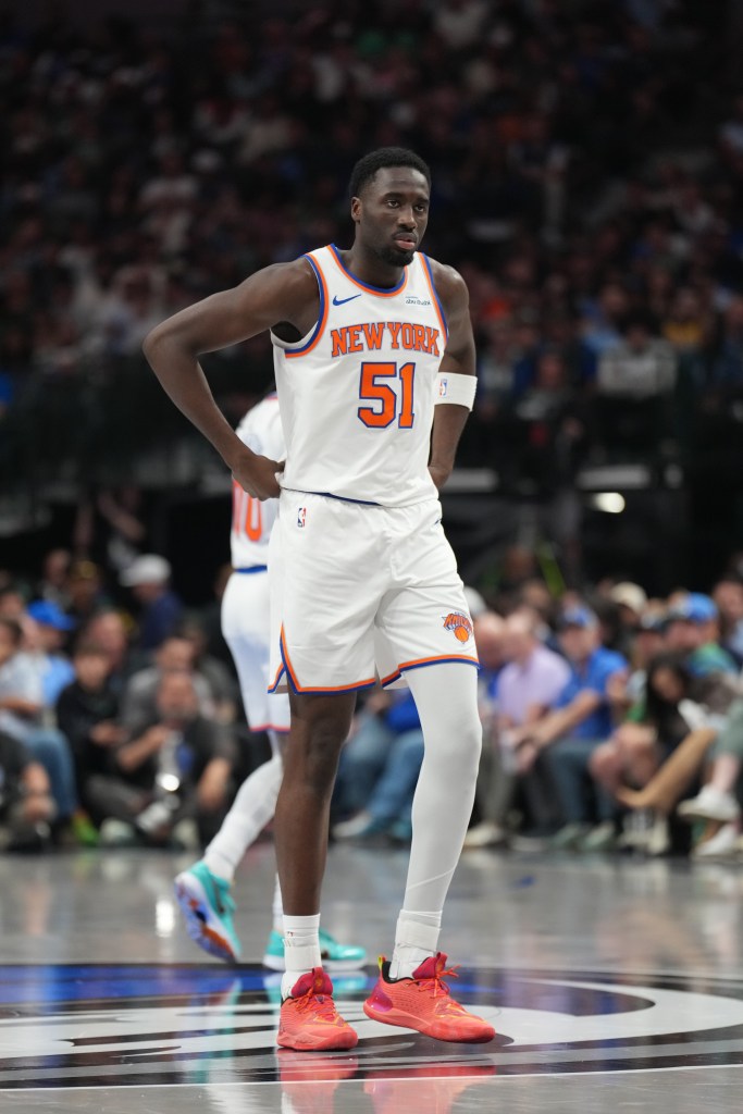 Mohamed Diawara #51 of the New York Knicks looks on during the game against the Dallas Mavericks on November 19, 2025.