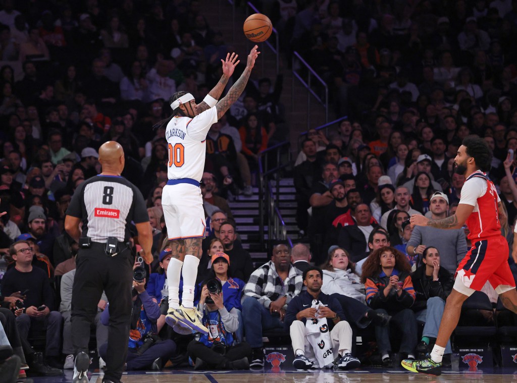 New York Knicks guard Jordan Clarkson #00 puts up a three-point shot during the second quarter against the Washington Wizards.