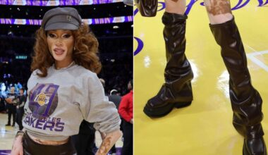 Winnie Harlow embraces the slouchy boot trend in a brown over-the-knee pair at the Lakers vs. Mavericks game on Friday night.