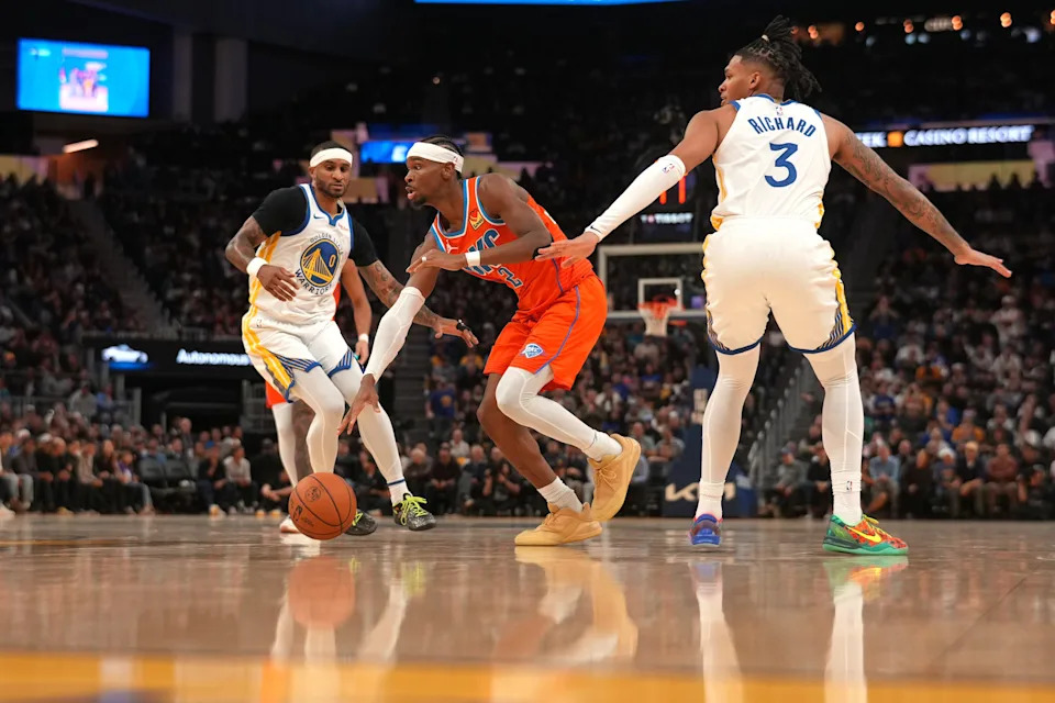Dec 2, 2025; San Francisco, California, USA; Oklahoma City Thunder guard Shai Gilgeous-Alexander (2) dribbles past Golden State Warriors guard Will Richard (3) in the fourth quarter at the Chase Center. Mandatory Credit: Cary Edmondson-Imagn Images
