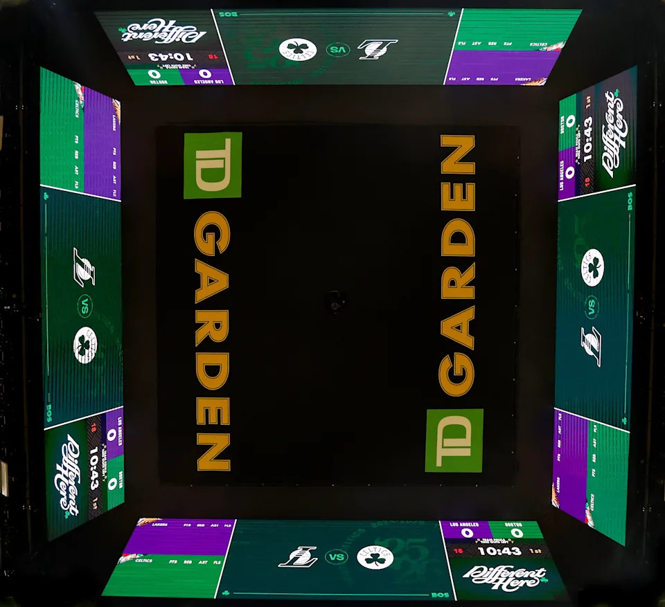 Dec 5, 2025; Boston, Massachusetts, USA; The scoreboard displays the upcoming game between the Boston Celtics and the Los Angeles Lakers at TD Garden. Mandatory Credit: Winslow Townson-Imagn Images