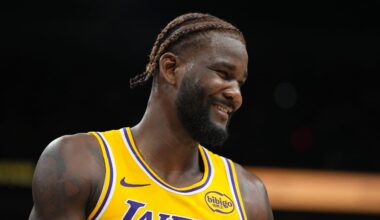Nov 14, 2025; New Orleans, Louisiana, USA;  Los Angeles Lakers center Deandre Ayton (5) dribbles against New Orleans Pelicans guard Jeremiah Fears (0) during the first half at Smoothie King Center. Mandatory Credit: Stephen Lew-Imagn Images