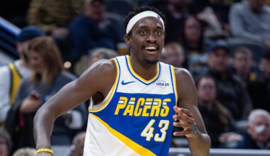 Indiana Pacers forward Pascal Siakam (43) reacts after making a basket against the Chicago Bulls during the second half at  Gainbridge Fieldhouse.