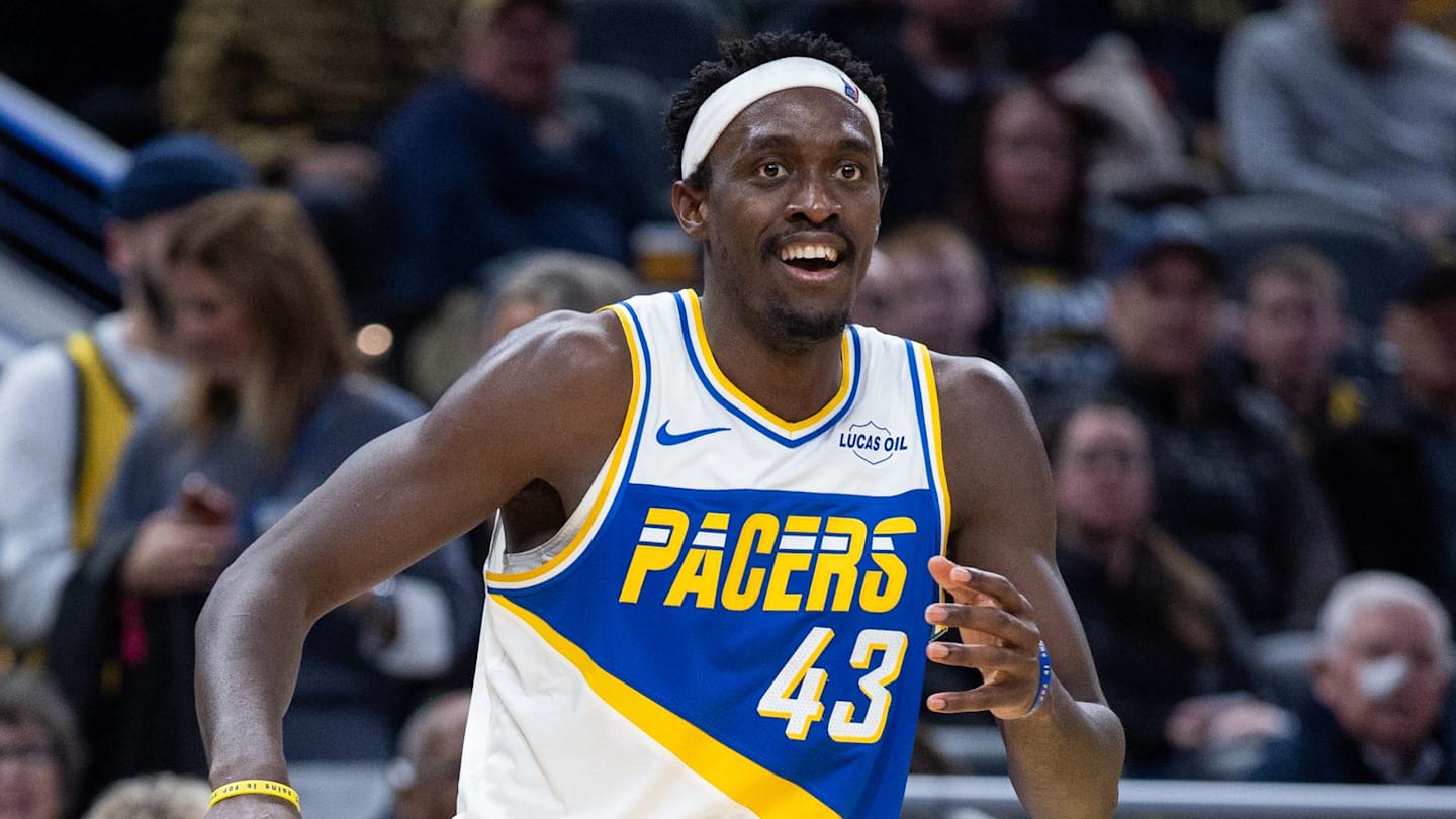 Indiana Pacers forward Pascal Siakam (43) reacts after making a basket against the Chicago Bulls during the second half at  Gainbridge Fieldhouse.