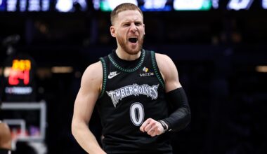 Nov 30, 2025; Minneapolis, Minnesota, USA; Minnesota Timberwolves guard Donte DiVincenzo (0) celebrates his three point basket against the San Antonio Spurs during the second half at Target Center. Mandatory Credit: Matt Krohn-Imagn Images