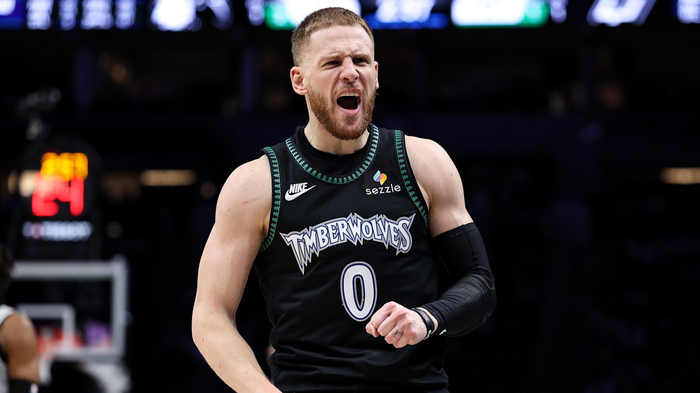 Nov 30, 2025; Minneapolis, Minnesota, USA; Minnesota Timberwolves guard Donte DiVincenzo (0) celebrates his three point basket against the San Antonio Spurs during the second half at Target Center. Mandatory Credit: Matt Krohn-Imagn Images