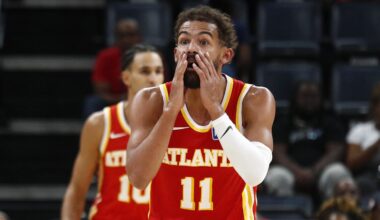 Oct 11, 2025; Memphis, Tennessee, USA; Atlanta Hawks guard Trae Young (11) reacts during the third quarter against the Memphis Grizzlies at FedExForum. Mandatory Credit: Petre Thomas-Imagn Images