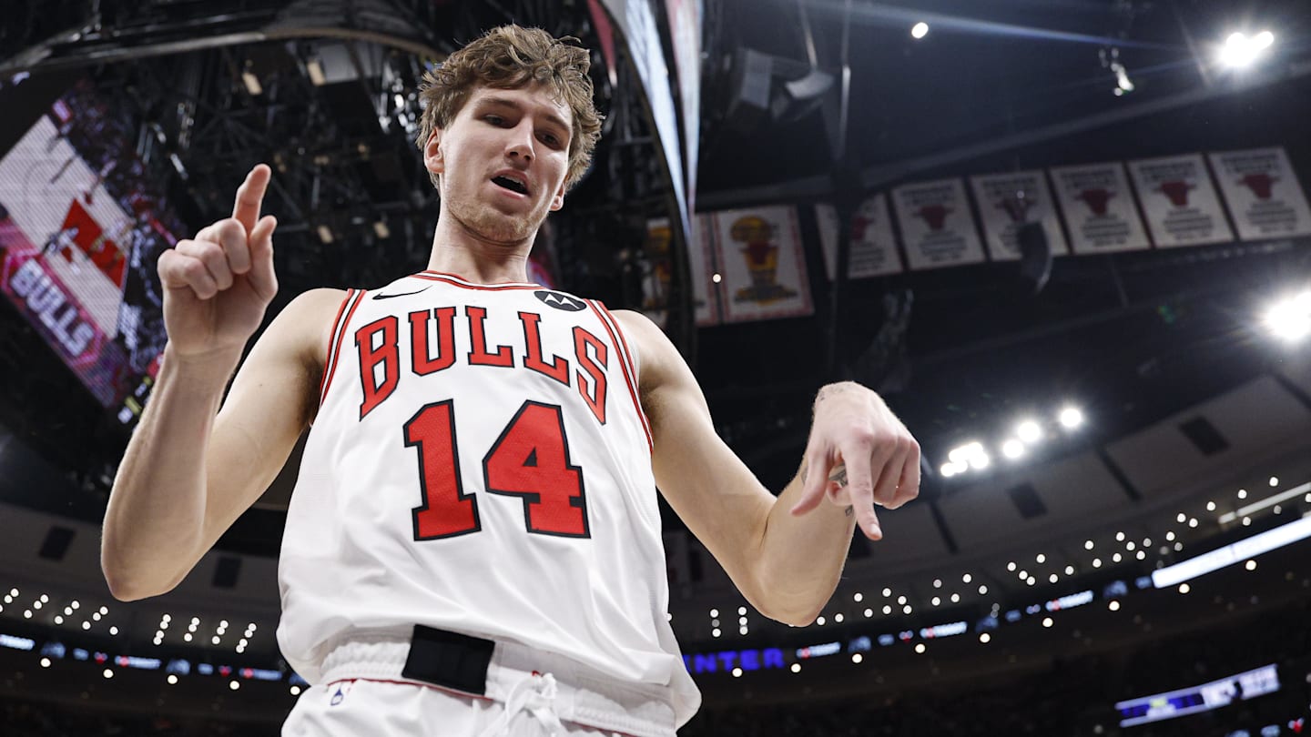Nov 22, 2025; Chicago, Illinois, USA; Chicago Bulls forward Matas Buzelis (14) reacts after scoring against the Washington Wizards during the first half at United Center. Mandatory Credit: Kamil Krzaczynski-Imagn Images