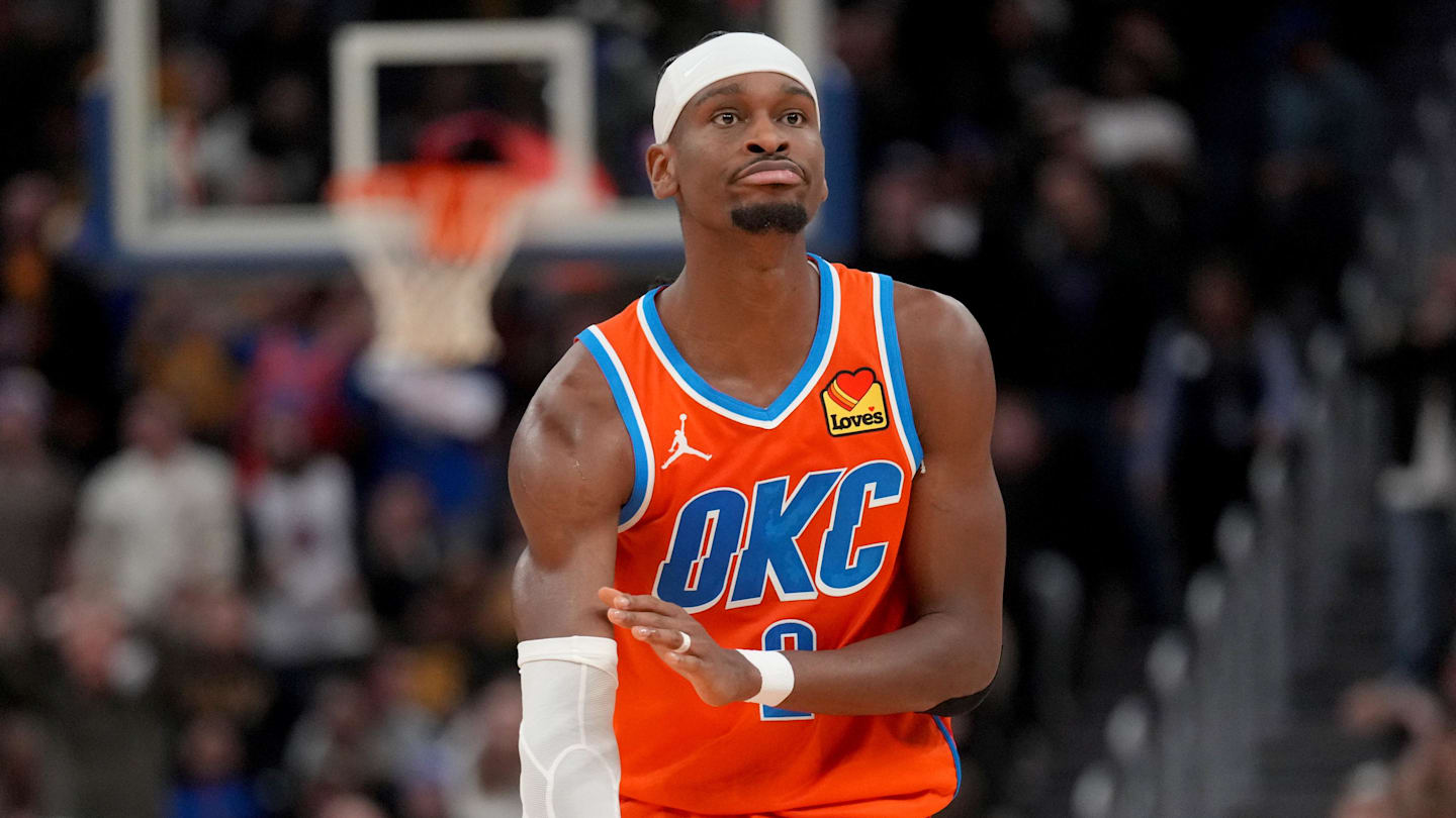 Dec 2, 2025; San Francisco, California, USA; Oklahoma City Thunder guard Shai Gilgeous-Alexander (2) reacts after making a basket against the Golden State Warriors in the fourth quarter at the Chase Center. Mandatory Credit: Cary Edmondson-Imagn Images