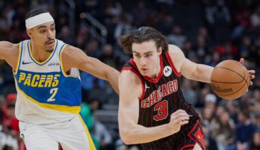 Nov 29, 2025; Indianapolis, Indiana, USA; Chicago Bulls guard Josh Giddey (3) drives with the ball against Indiana Pacers guard Andrew Nembhard (2) during the first half at Gainbridge Fieldhouse. Mandatory Credit: Trevor Ruszkowski-Imagn Images