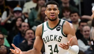Mar 13, 2025; Milwaukee, Wisconsin, USA; Milwaukee Bucks forward Giannis Antetokounmpo (34) reacts in the third quarter against the Los Angeles Lakers at Fiserv Forum. Mandatory Credit: Benny Sieu-Imagn Images