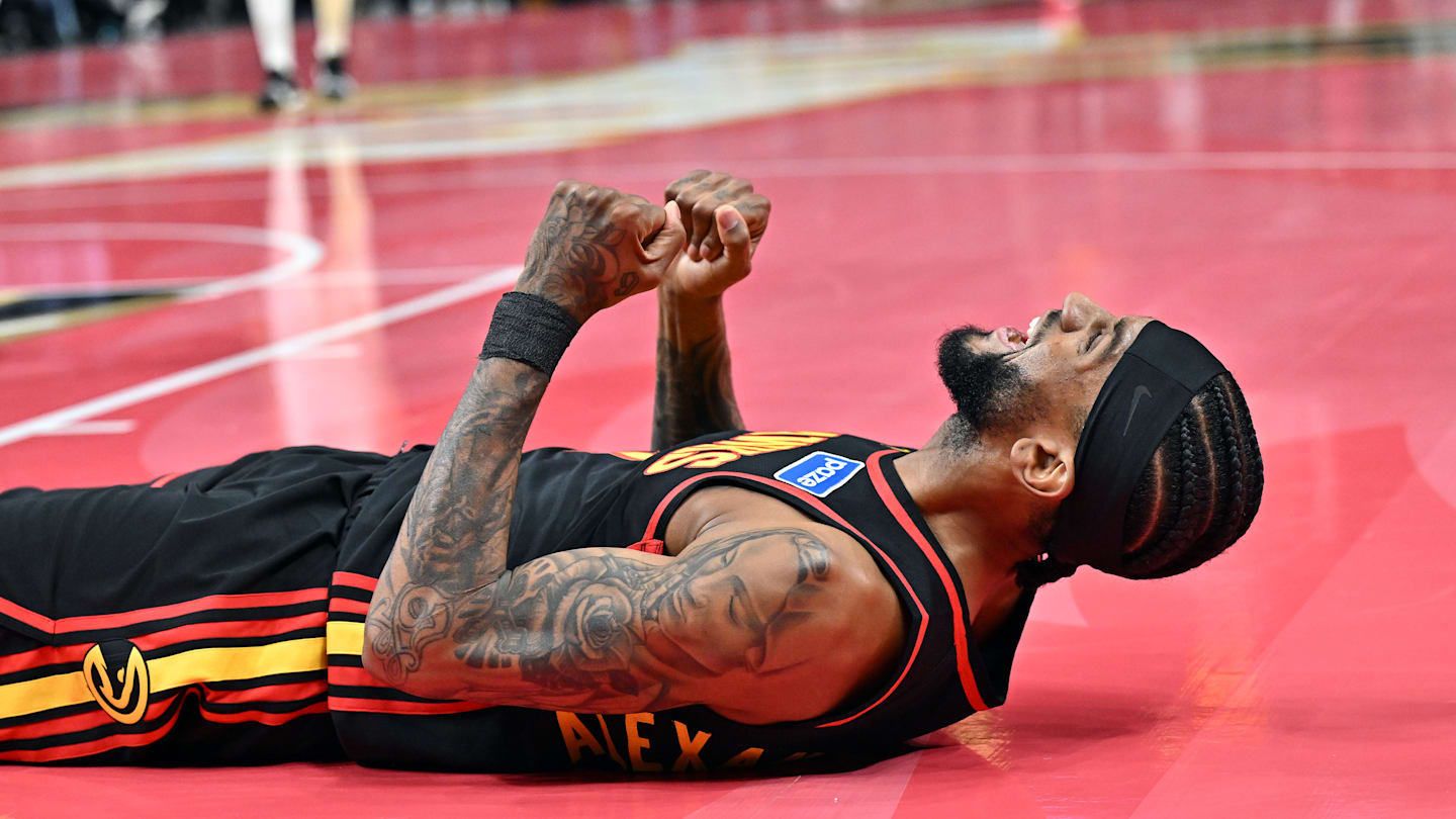 Hawks guard Nickeil Alexander-Walker reacts during game against the Cleveland Cavaliers.