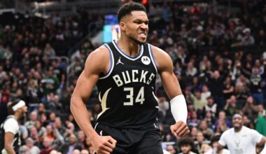 Nov 7, 2025; Milwaukee, Wisconsin, USA; Milwaukee Bucks forward Giannis Antetokounmpo (34) reacts after scoring a basket in the 3rd quarter against the Chicago Bulls at Fiserv Forum. Mandatory Credit: Benny Sieu-Imagn Images