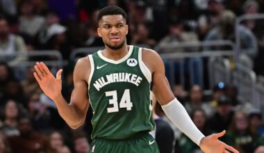 Nov 10, 2024; Milwaukee, Wisconsin, USA;  Milwaukee Bucks forward Giannis Antetokounmpo (34) reacts in the fourth quarter against the Boston Celtics at Fiserv Forum. Mandatory Credit: Benny Sieu-Imagn Images