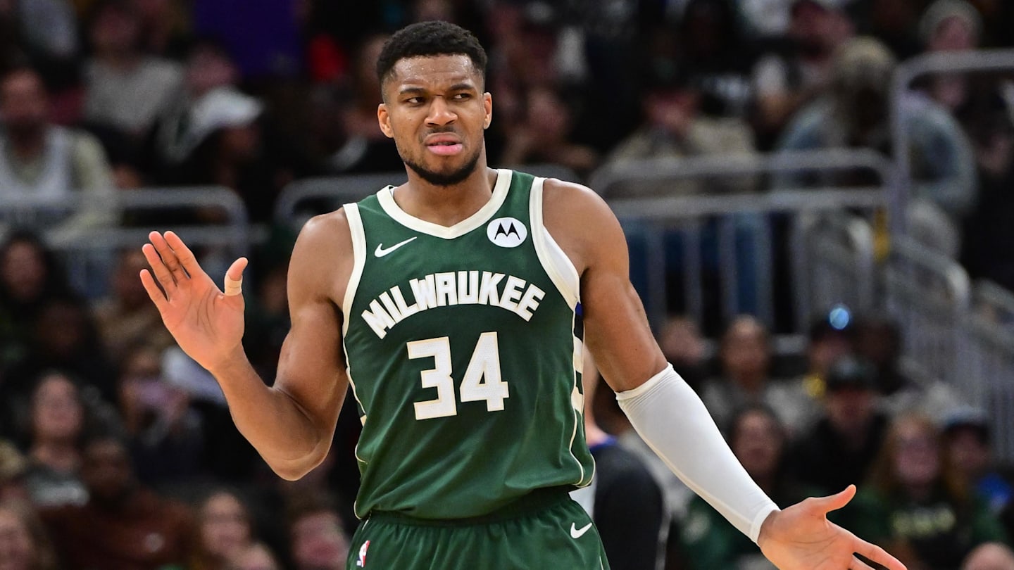 Nov 10, 2024; Milwaukee, Wisconsin, USA;  Milwaukee Bucks forward Giannis Antetokounmpo (34) reacts in the fourth quarter against the Boston Celtics at Fiserv Forum. Mandatory Credit: Benny Sieu-Imagn Images