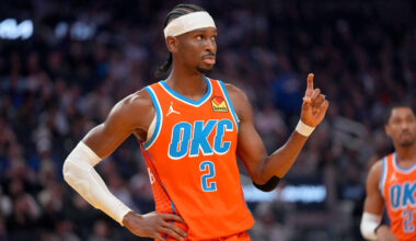 Dec 2, 2025; San Francisco, California, USA; Oklahoma City Thunder guard Shai Gilgeous-Alexander (2) looks towards the team bench during a break in the action against the Golden State Warriors in the first quarter at the Chase Center. Mandatory Credit: Cary Edmondson-Imagn Images