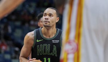 Nov 22, 2025; New Orleans, Louisiana, USA;  New Orleans Pelicans guard Bryce McGowens (11) shoots a free throw against the Atlanta Hawks during the second half of the game at the Smoothie King Center. Mandatory Credit: Daniel Anderson-Imagn Images