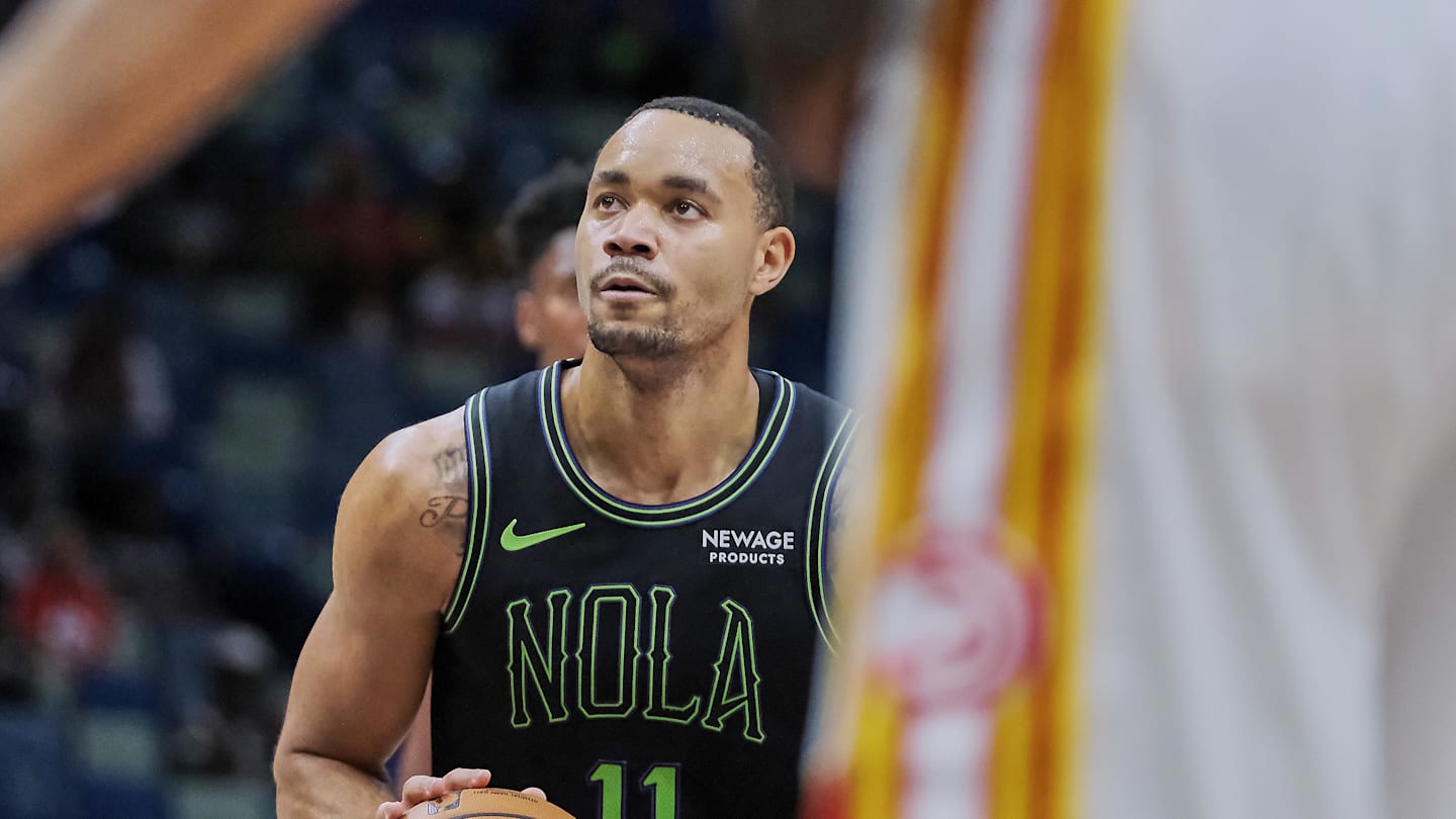 Nov 22, 2025; New Orleans, Louisiana, USA;  New Orleans Pelicans guard Bryce McGowens (11) shoots a free throw against the Atlanta Hawks during the second half of the game at the Smoothie King Center. Mandatory Credit: Daniel Anderson-Imagn Images