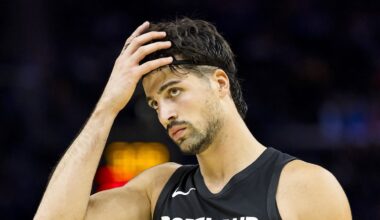 Oct 8, 2025; San Francisco, California, USA;  Portland Trail Blazers forward Deni Avdija (8) reacts during the second quarter against the Golden State Warriors at Chase Center. Mandatory Credit: John Hefti-Imagn Images