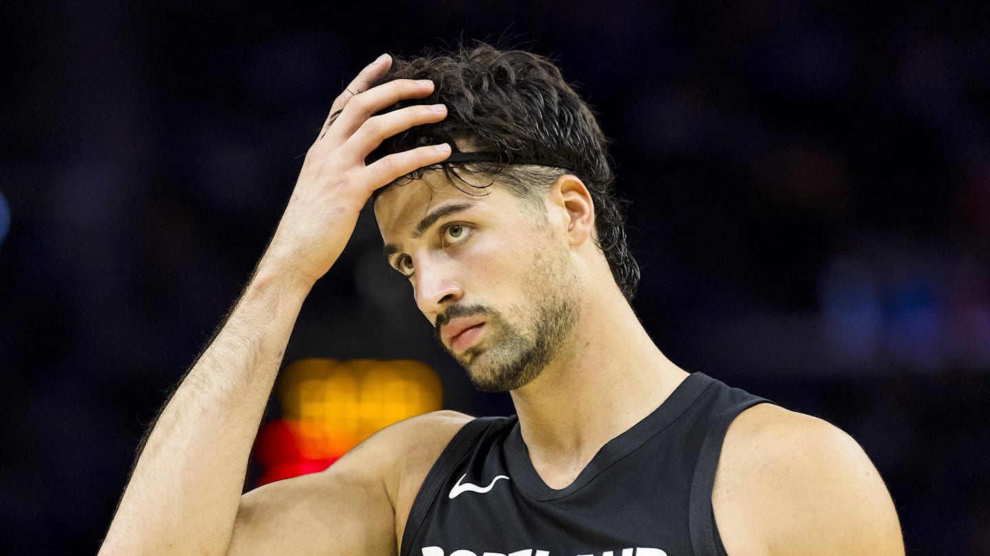 Oct 8, 2025; San Francisco, California, USA;  Portland Trail Blazers forward Deni Avdija (8) reacts during the second quarter against the Golden State Warriors at Chase Center. Mandatory Credit: John Hefti-Imagn Images